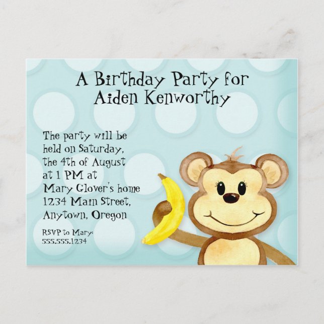 Lil Monkey, Boy Birthday Party Post Card Invite (Front)