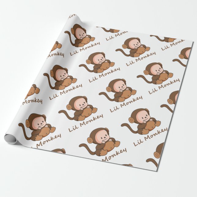 "Lil Monkey" Fun Quote Cute Baby Monkey Wrapping Paper (Unrolled)