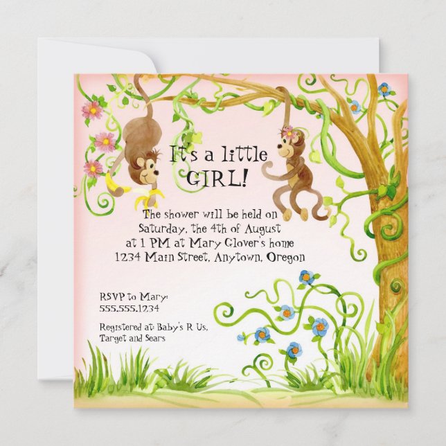 Lil Monkey, Girl Baby Shower Invitation (Front)
