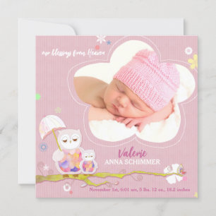 Lil Owls Pink Baby Girl Photo Birth Announcement