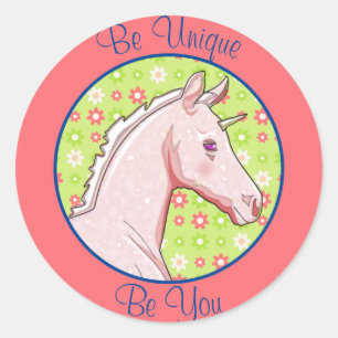Lil Pink Palomino Unicorn (green w/flowers) Classic Round Sticker