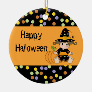 Lil Polka Dot Witch with Pumpkin Ceramic Ornament