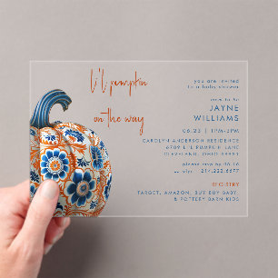Li'l Pumpkin Blue and Orange Baby Shower Acrylic Invitations