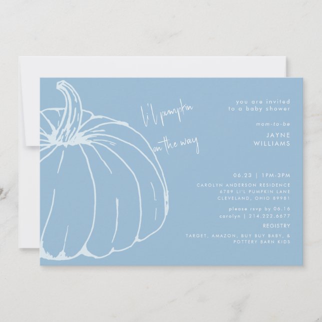 Li'l Pumpkin Blue and White Baby Shower Invitation (Front)