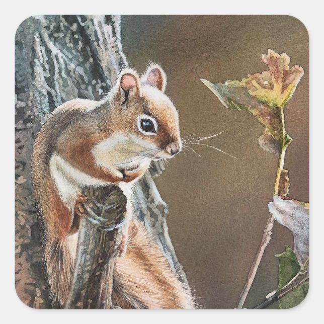 Lil Red Squirrel Oak Tree Autumn Watercolor Art Square Sticker (Front)