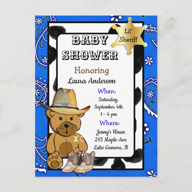 Lil Sheriff Teddy Bear Cowboy Baby Shower Invite (Front)