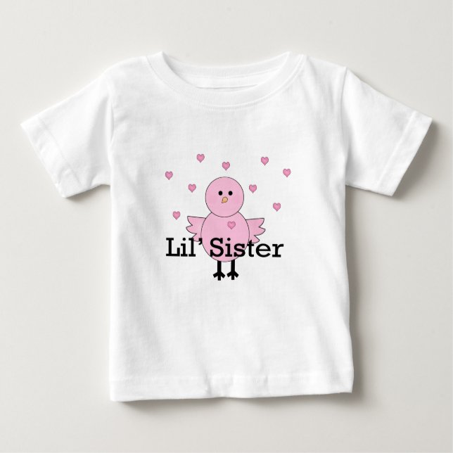 Lil' Sister Pink Chick & Hearts Baby T-Shirt (Front)