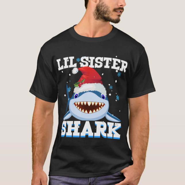 Lil Sister Shark Santa Hat Christmas T-Shirt (Front)