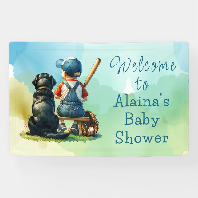 Lil' Slugger with his Dog | Boy's Baby Shower Banner (Horizontal)