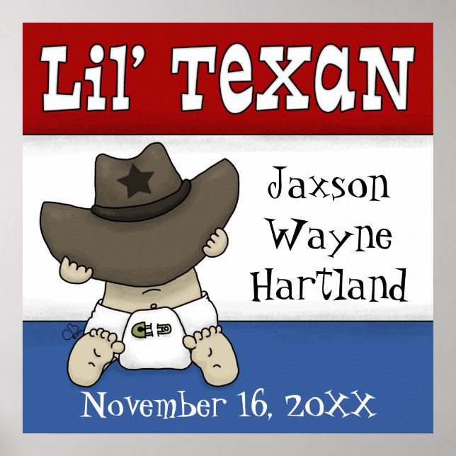 Lil’ Texan Personalised Name and Birthdate Poster (Front)