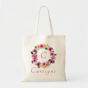 Lila Pink Floral Bridesmaid Monogram Name Tote Bag