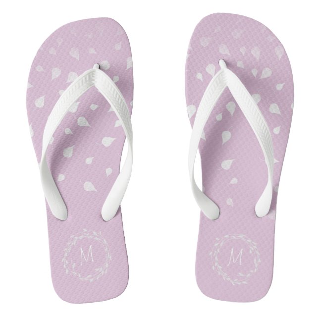 Lila Purple White Confetti Leafs Silver Monogram Thongs (Footbed)