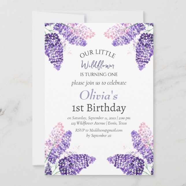 Lilac 1st First Birthday Girl Purple Floral  Invitation (Front)