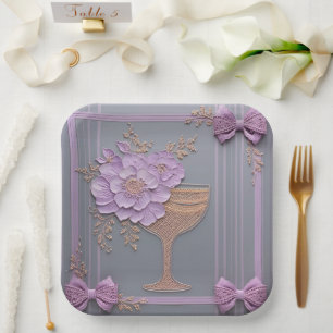 Lilac 3D Effect Flowers & Rose Gold Lace Paper Plate