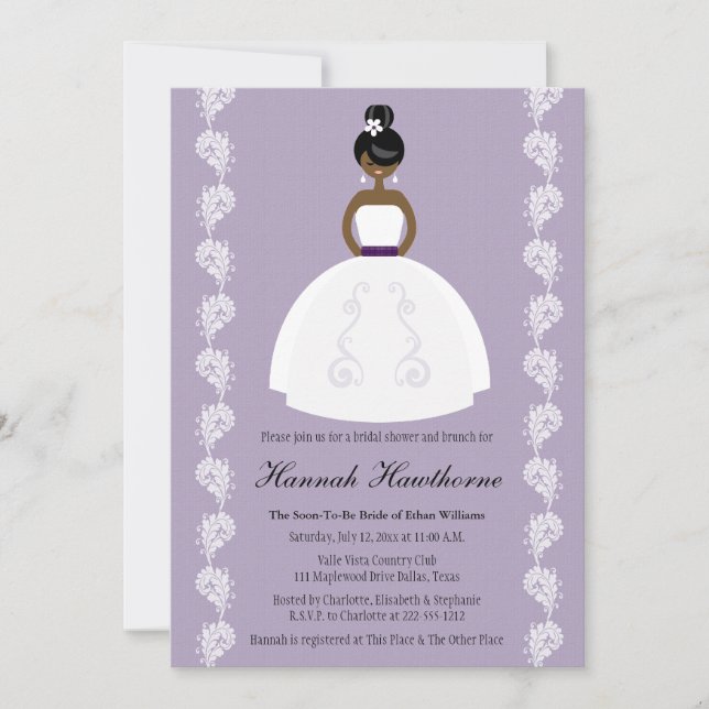 Lilac African American Pretty Bride Bridal Shower Invitation (Front)