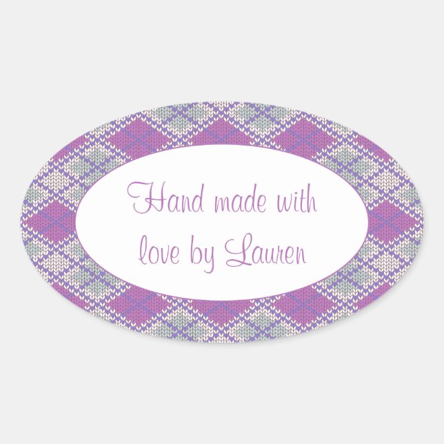 LILAC AGYLE KNIT Oval "Hand Made" Stickers (Front)
