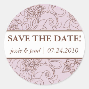 Lilac and Brown Paisley Save the Date Sticker