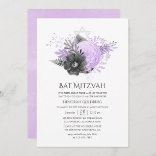 Lilac and Charcoal Floral Bat Mitzvah Invitation