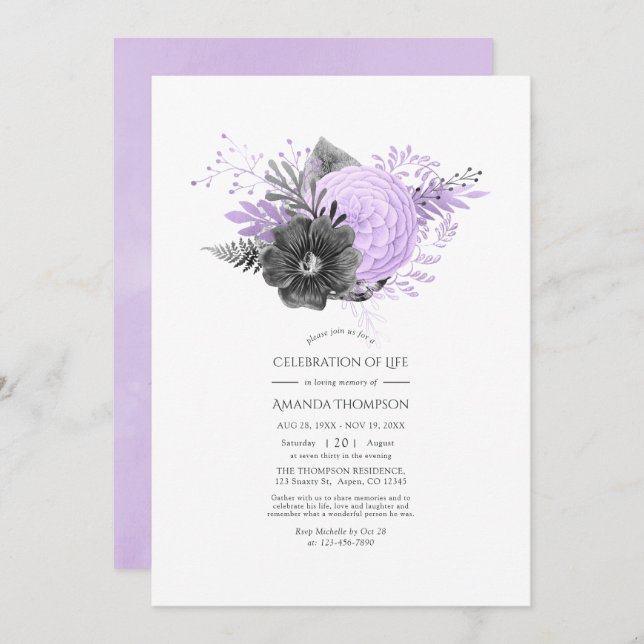 Lilac and Charcoal Floral Celebration of Life Invitation (Front/Back)