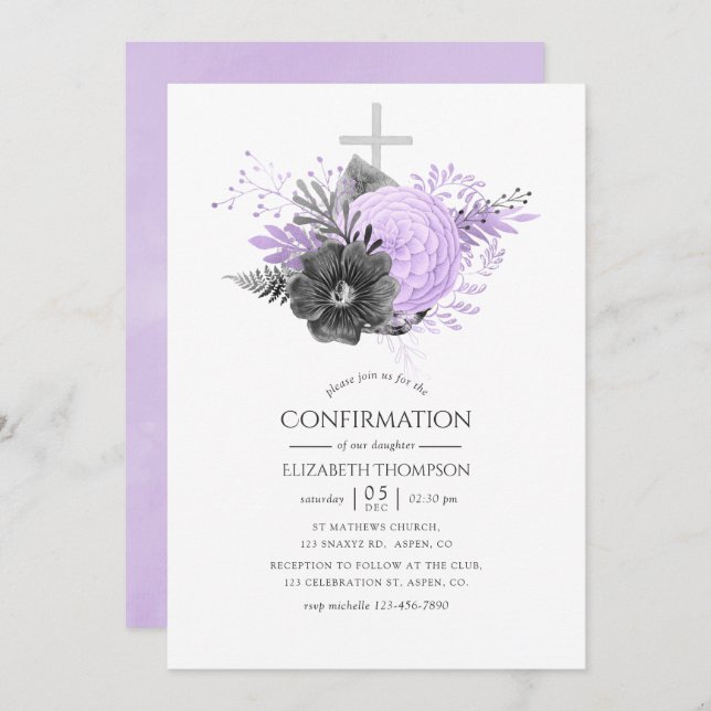 Lilac and Charcoal Floral Confirmation Invitation (Front/Back)