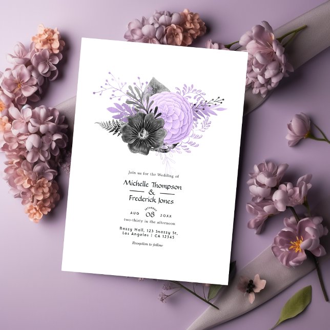 Lilac and Charcoal Floral Wedding Invitation (Creator Uploaded)