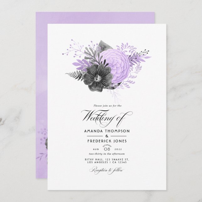 Lilac and Charcoal Floral Wedding Photo Invitation (Front/Back)