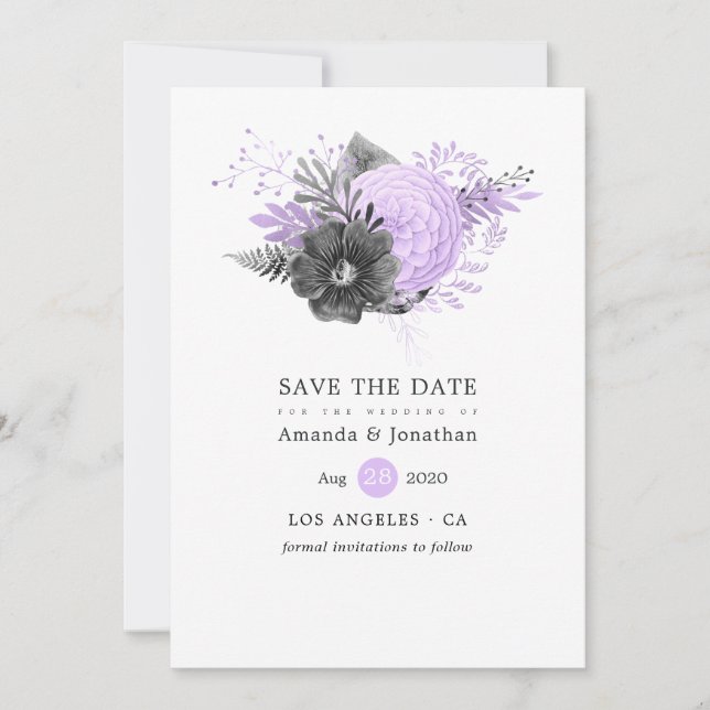 Lilac and Charcoal Floral Wedding Save The Date (Front)