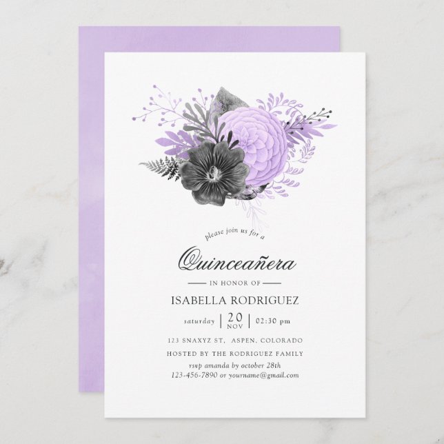 Lilac and Charcoal Watercolor Floral Quinceañera Invitation (Front/Back)