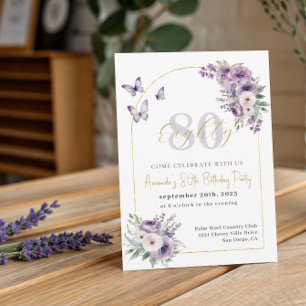 Lilac and Gold Floral 80th Birthday Party Invitation