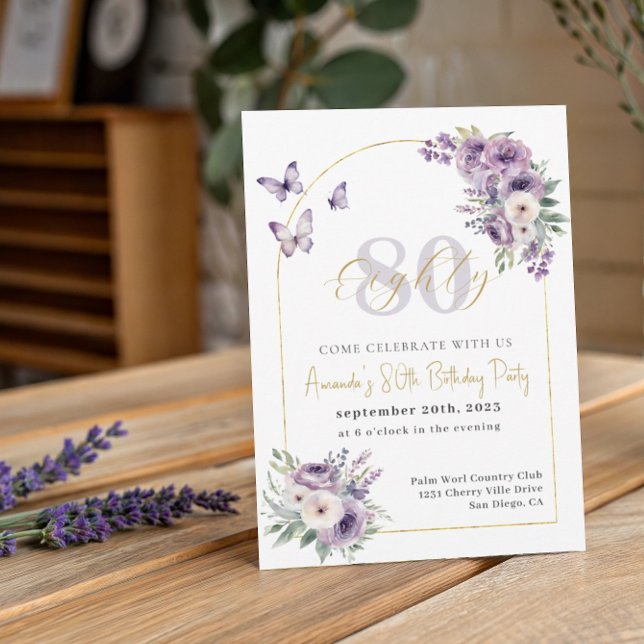 Lilac and Gold Floral 80th Birthday Party Invitation (Creator Uploaded)