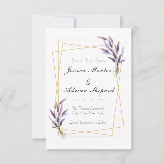 Lilac and gold save the dates invitation