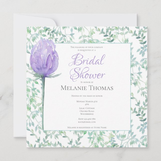 Lilac and Green Foliage Bridal Shower Invitation (Front)