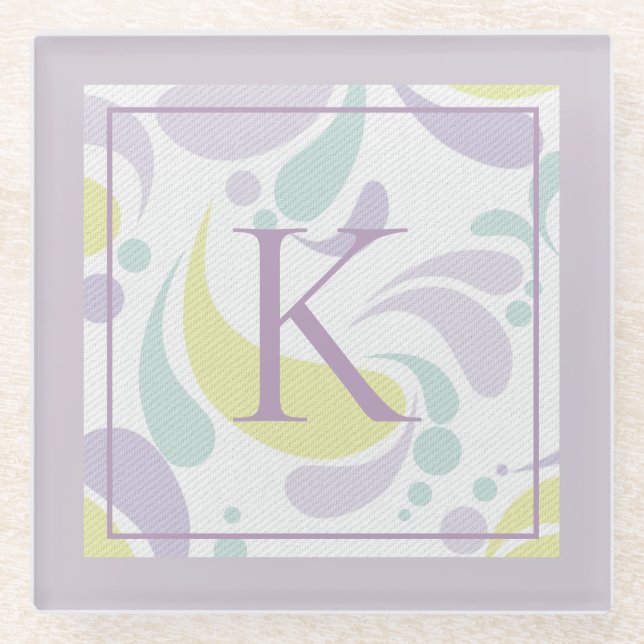 Lilac and Green Pastel Light Pattern Monogram Glass Coaster (Front)