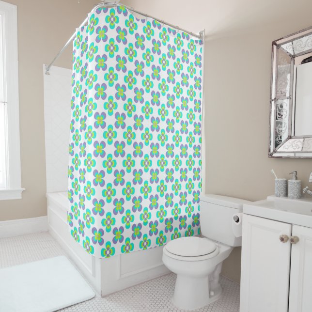 Lilac and Green retro floral pattern Shower Curtain (In Situ)