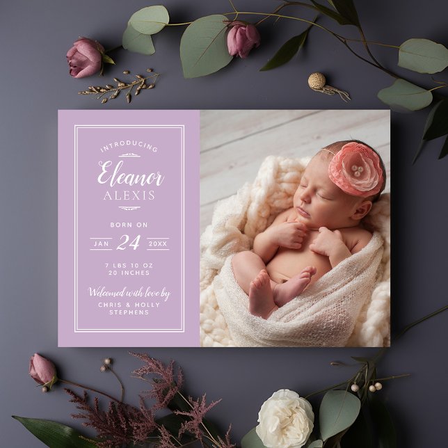 Lilac and Grey Baby Girl Photo Birth Announcement (Creator Uploaded)