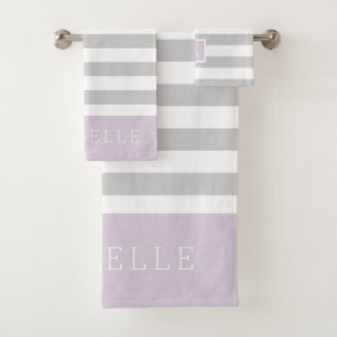 Lilac and Grey Stripes Monogram Editable Colours Bath Towel Set