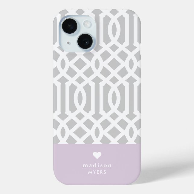 Lilac and Grey Trellis Heart Monogram Case-Mate iPhone Case (Back)