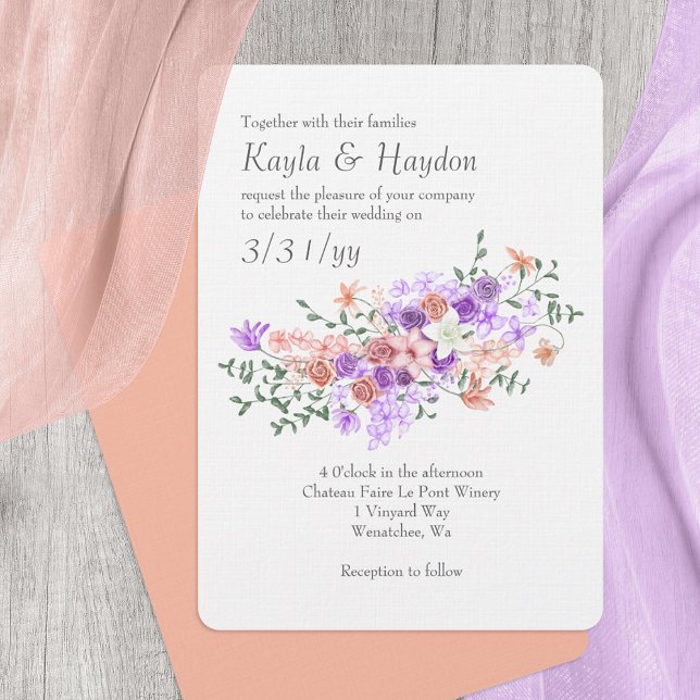 Lilac and Peach Rose Bouquet Wedding Invitation (Lilac and peach wedding invitations, purple lavender rose bouquet, leafy green vines, ivory flowers)