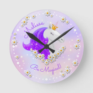 Lilac and Purple Unicorn Princess Nursery Bedroom  Round Clock