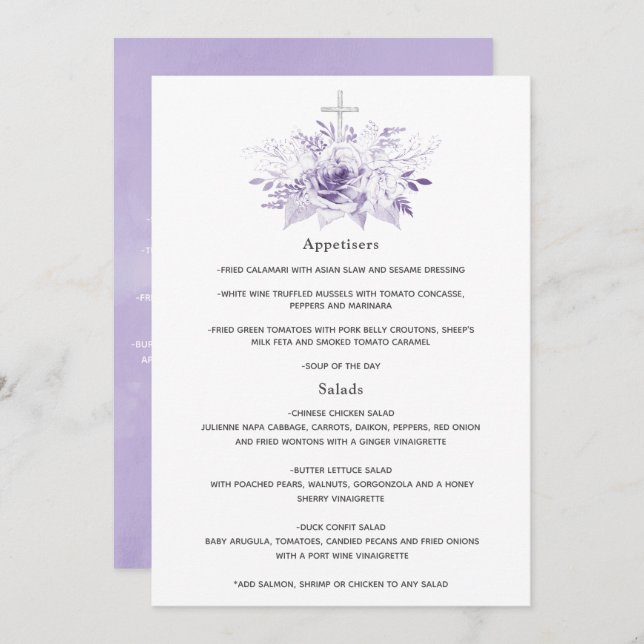 Lilac and Silver Floral Baptism or Christening Menu (Front/Back)