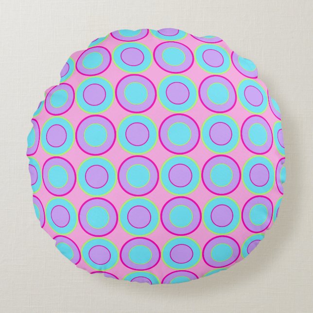Lilac And Turquoise Doughnuts With Filling On Pink Round Cushion (Front)