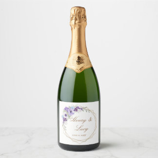 Lilac and Violet Floral Gold Oval Champagne Sparkling Wine Label