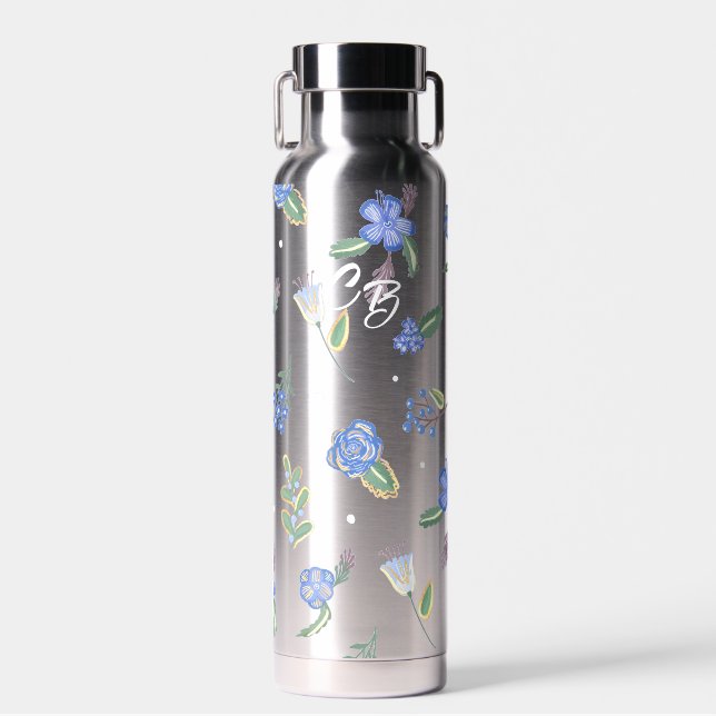 Lilac and Violet on Grey Hand-painted Water Bottle (Front)