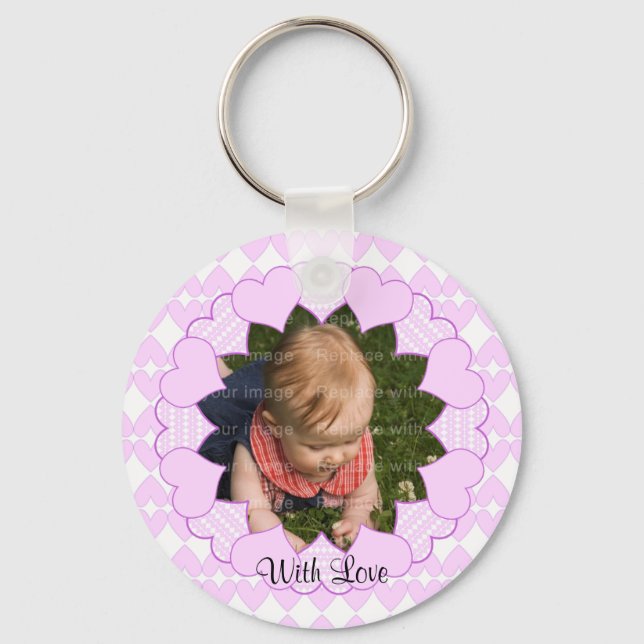 Lilac and white cute hearts template key ring (Front)