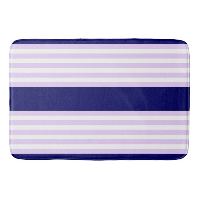 Lilac and white stripes pattern with navy blue bath mat (Front)