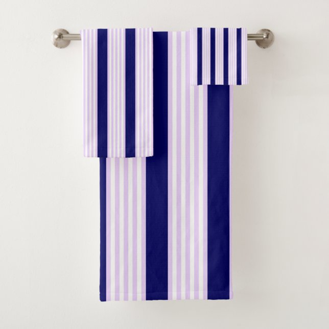 Lilac and white stripes pattern with navy blue bath towel set (Insitu)