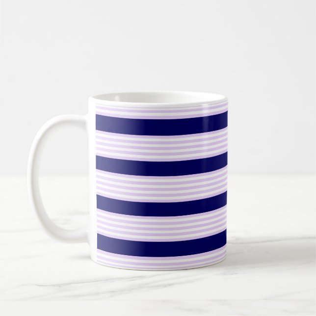 Lilac and white stripes pattern with navy blue coffee mug (Left)