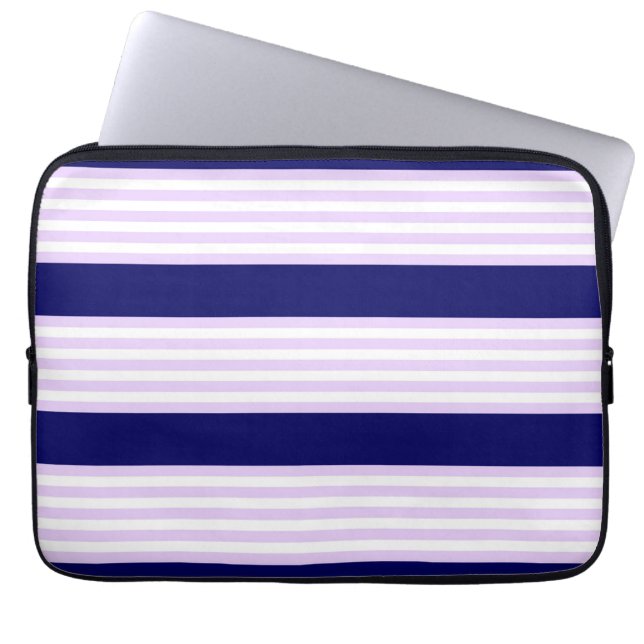 Lilac and white stripes pattern with navy blue laptop sleeve (Front)