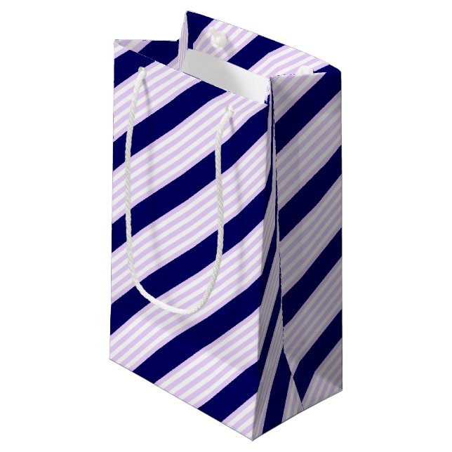 Lilac and white stripes pattern with navy blue small gift bag (Front Angled)