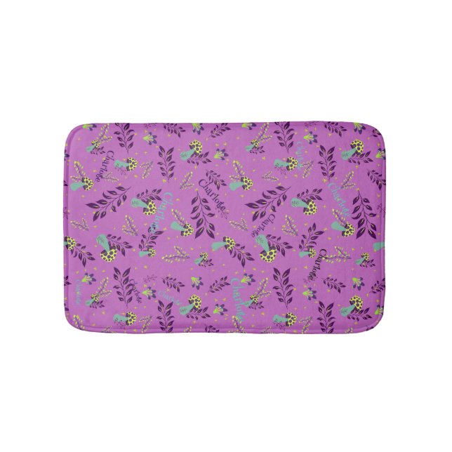 Lilac and Yellow Cute Mushrooms Personalised Bath Mat (Front)